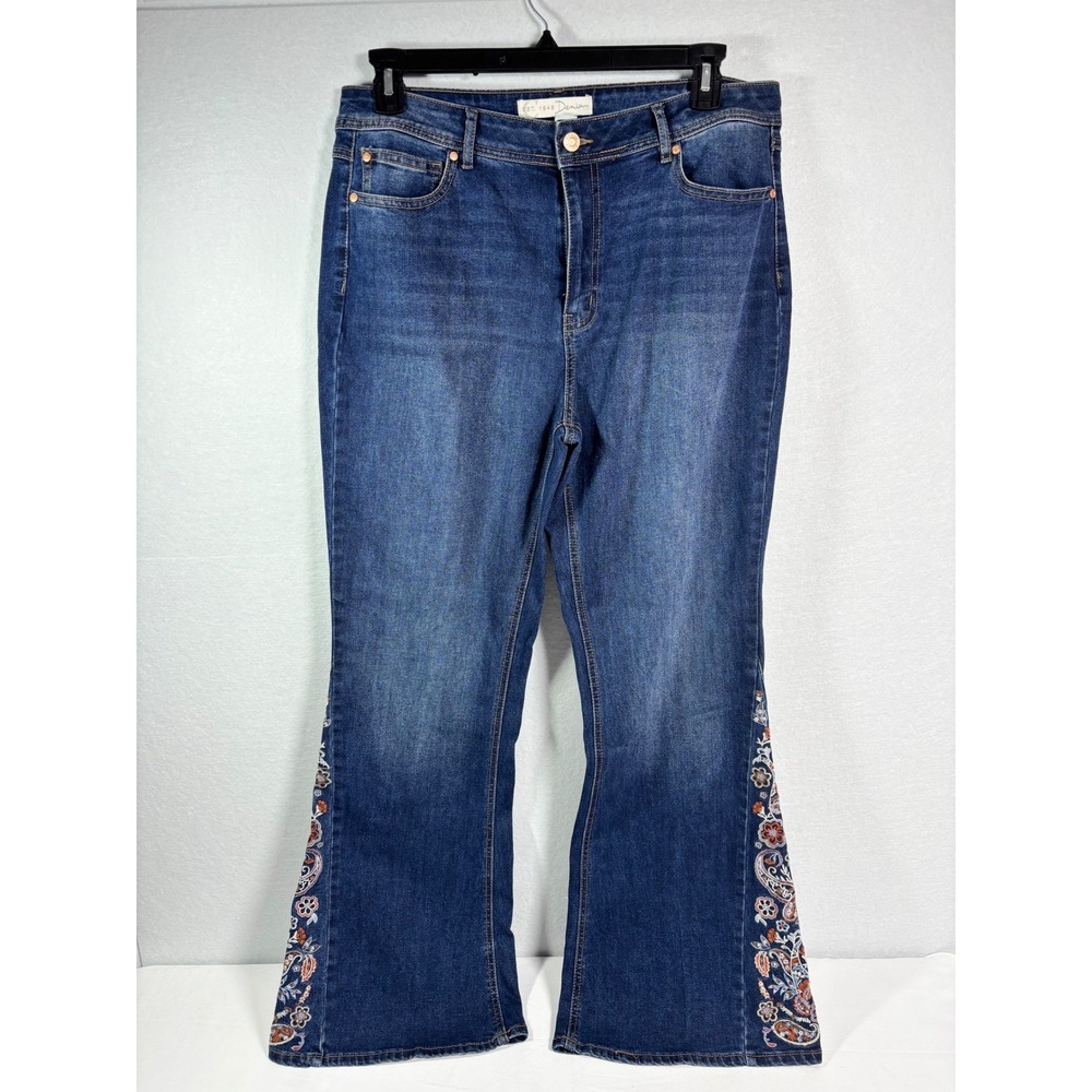 Est. 1946 Denim Womens Hi-Rise Embroidered Flare Jeans Dark Wash Blue Size 16